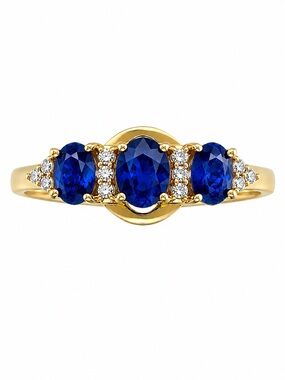 10K Yellow Gold Natural Sapphire Diamond Cocktail Ring Size 5 Three Stone